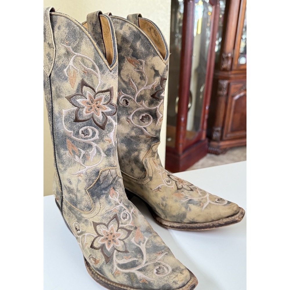 Rocky Women's‎ Floral Embroidery Leather Cowgirl Cowboy Western Boots Sz 7.5
